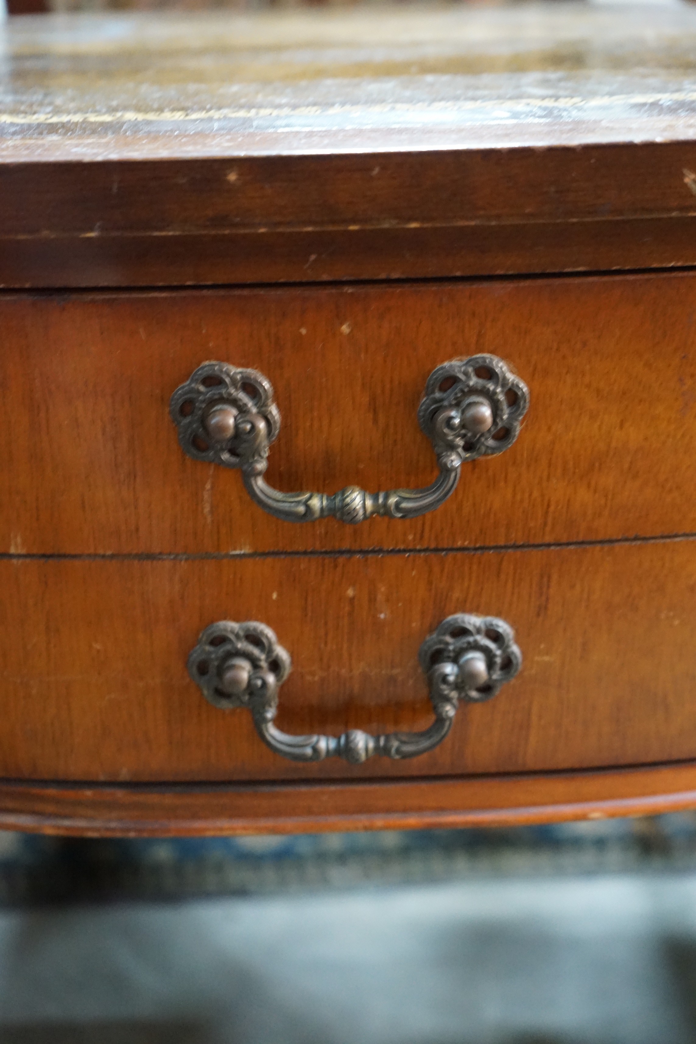 Two reproduction leather topped mahogany bedside tables, width 56cm, depth 56cm, height 57cm